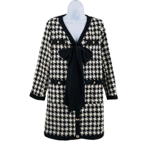 Pomander Place | NEW Coco Tweed Houndstooth Bow Mini Dress Black White Size XXL - Picture 4 of 12
